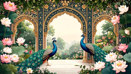Enchanting Peacocks Amidst Ornate Arches