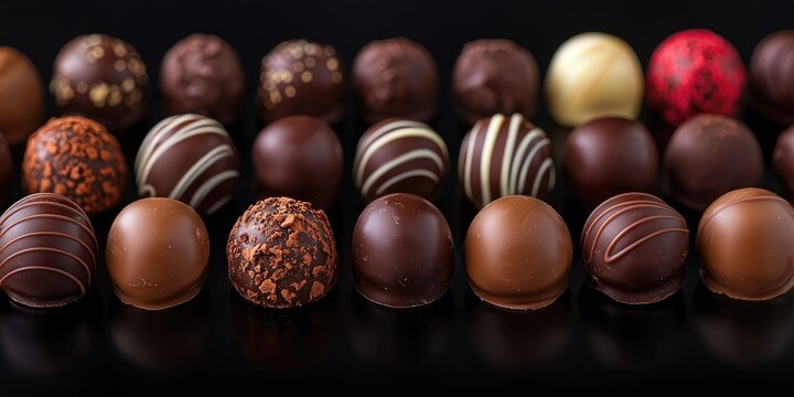 Gourmet chocolate truffle selection glowing under soft light on black background