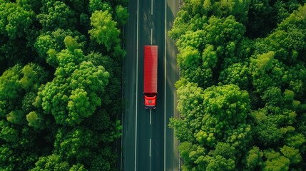 Aerial perspective of a red semi-truck traveling through a dense green forest landscape