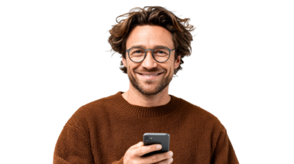 Man with glasses smiling, holding smartphone on transparent bg