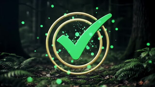 Green Check Mark Surrounded by Double Gold Rings in a Lush Forest with Floating Particle Effects