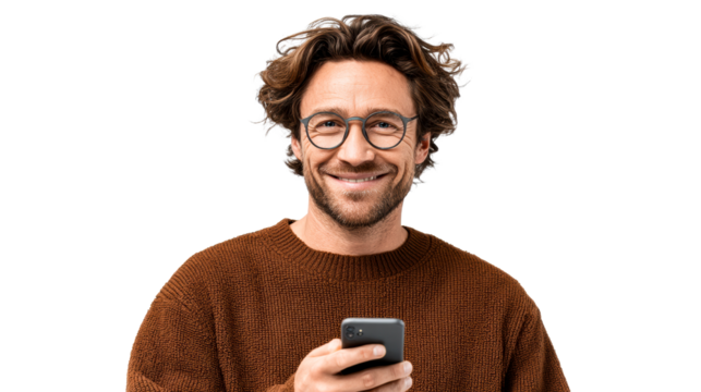 Man with glasses smiling, holding smartphone on transparent bg
