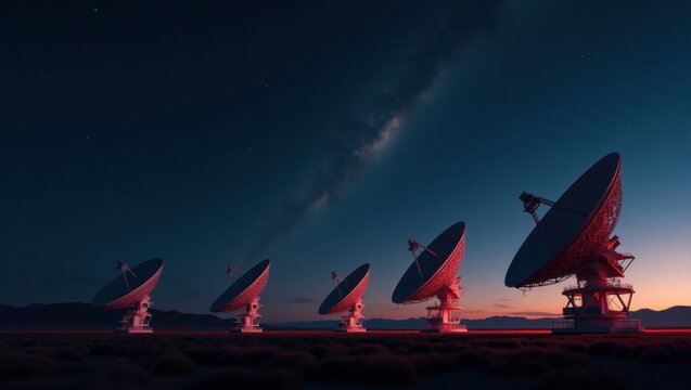 Conjunto de telescopios con elegantes estructuras met&aacute;licas y grandes antenas parab&oacute;licas bajo un vasto cielo repleto de estrellas