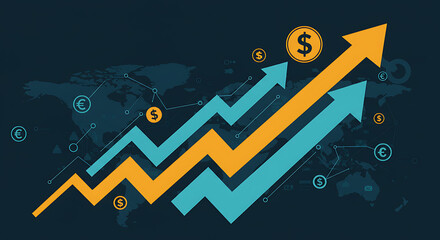 Dynamic illustration of global financial growth with upward trending arrows and currency symbols on a world map background.
