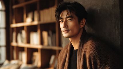 Obraz premium A young East Asian man in a stylish, comfortable cardigan is leaning against a bookshelf in a cozy, sunlit room, looking thoughtfully out of the frame.