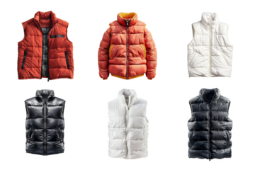 Assorted Padded Vests in Orange White and Black Isolated on Transparent Background