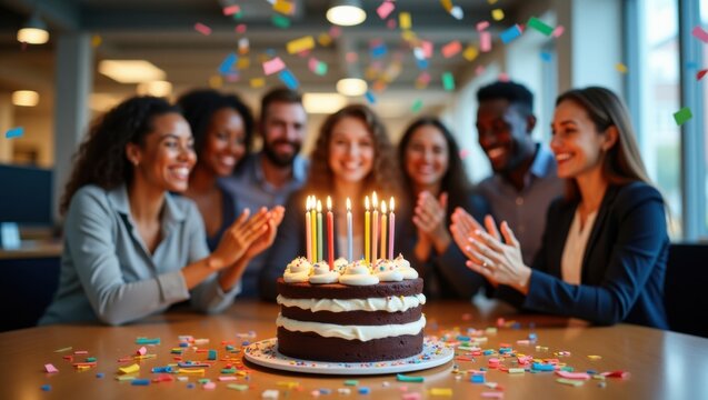 Celebraci&oacute;n de cumplea&ntilde;os en la oficina con confeti cayendo, compa&ntilde;eros de trabajo aplaudiendo y atenci&oacute;n centrada en un pastel con velas encendidas