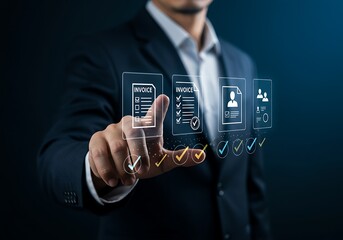 Businessman's finger touches digital interface with invoices and user profiles touching