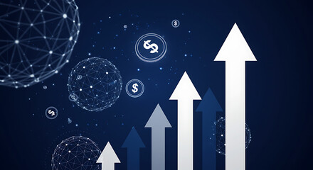 Ascending white arrows representing growth and progress, with financial symbols and network spheres.