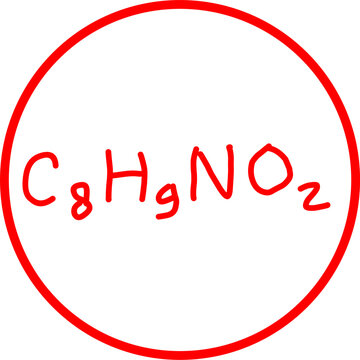 Red hand-drawn chemical formula "C8H9NO2" inside a red circle on a white background, representing acetaminophen or paracetamol in a simple, bold style.