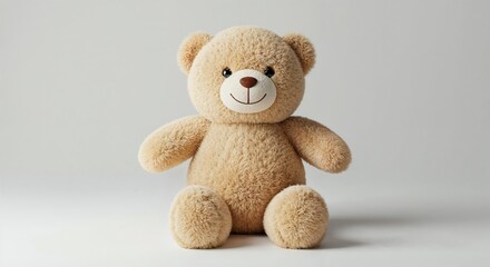 Obraz premium Cute and Fluffy Teddy Bear Sitting on Plain Background for Children’s Decor and Gifts