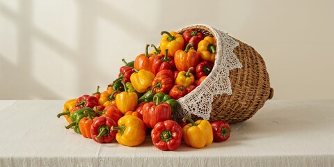 A cornucopia basket overflowing with colorful bell peppers on a white surface in a studio setting