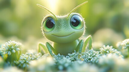 Adorable cartoonish bug with big, expressive eyes peeks out from soft, blurred green foliage in sunlight