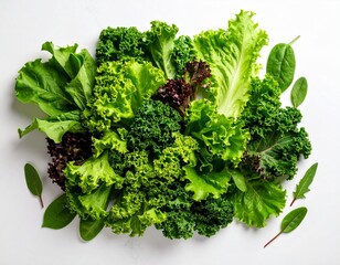 Top-down view of a loose bundle of fresh leafy greens including lettuce, kale, and spinach, showcasing vibrant textures and rich green hues on a clean white background.
