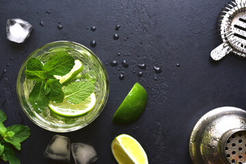 Mojito - cold summer lemonade with lime and mint .Top view with copy space.