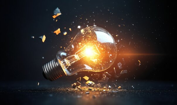 A light bulb shatters, sending pieces of glass in different directions while a bright light flashes from the filament. This event happens in a dark background, enhancing the visual impact - Powered by Adobe
