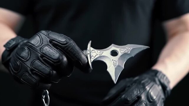 Holding Metal Throwing Star in Gloved Hands Closeup