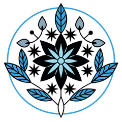 Vector art of stylized blue and black floral emblem with circle border