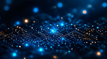 Abstract Futuristic Circuit Board: Glowing Blue and Orange Nodes, High-Tech Digital Network Background