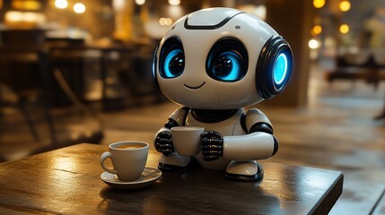 Adorable robot enjoys a cozy cafe, sipping from a cup with warm, inviting lighting