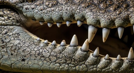Obraz premium A close up of a crocodiles open mouth shows its sharp teeth and scaly skin in detail creating an image of a dangerous predator