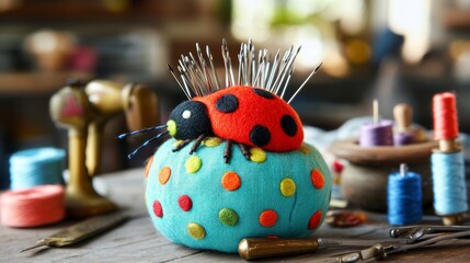 Ladybug-shaped pincushion on a polka-dotted base, surrounded by sewing tools.