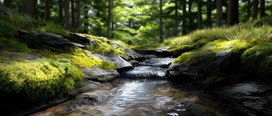 A serene forest scene featuring a gentle stream flowing over mossy rocks surrounded by lush greenery.