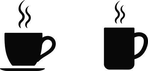 Black silhouette of a coffee cup and a mug with steam hot drink beverage