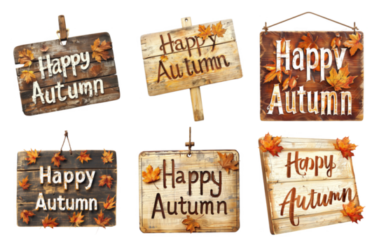 Happy Autumn Signs with Wooden Texture and Orange Leaves Transparent Background