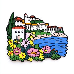 Colorful Illustration of Scenic Seaside Village with Flowers and Landscape