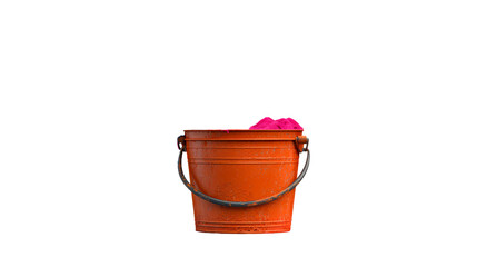 An orange bucket holds soft pink sand