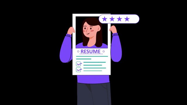 Job resume profile animation with five star rating on alpha channel