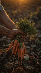 A farmer holding a bunch of freshly harvested carrots with green tops in a field at sunset light