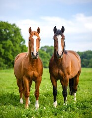 Two chestnut horses stand side-by-side in a lush green pasture, facing the camera