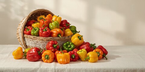 A basket overflowing with colorful bell peppers spilling onto a white tablecloth surface in a studio shot