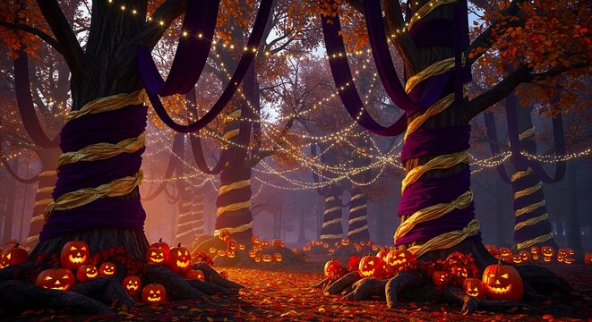 Enchanted Halloween forest at night, decorated with glowing jack-o'-lanterns and sparkling string lights among trees wrapped in fabric.
