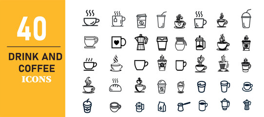 40 Drink and Coffee Icons – Line Style Beverage and Cafe Symbol Set for Menus, Apps, and Branding

