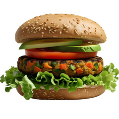Realistic Vegetarian Burger with Lettuce, Tomato, Grilled Veggie Patty, and Whole Grain Bun &ndash; High-Resolution Transparent PNG for Healthy Food Branding and Menu Design