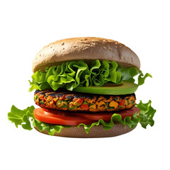 Realistic Vegetarian Burger with Lettuce, Tomato, Grilled Veggie Patty, and Whole Grain Bun &ndash; High-Resolution Transparent PNG for Healthy Food Branding and Menu Design