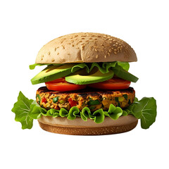 Realistic Vegetarian Burger with Lettuce, Tomato, Grilled Veggie Patty, and Whole Grain Bun &ndash; High-Resolution Transparent PNG for Healthy Food Branding and Menu Design