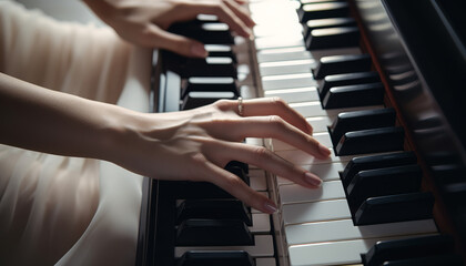 Close-up of female hands playing piano.