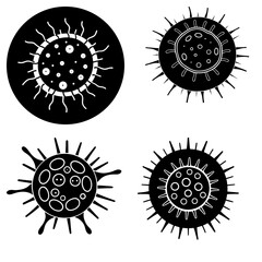 Fototapeta premium Illustration of four stylized viruses with spikes and circular bodies in black and white color palette