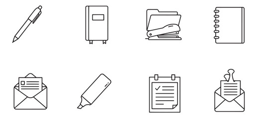 Outlined office supplies collection featuring pen notebook stapler and other stationery elements