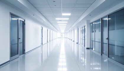 Empty Office Corridor with Glass Doors and Shiny Floor