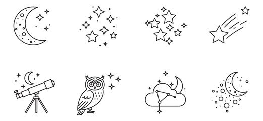 Elegant black and white celestial illustrations featuring moon stars owl and telescope designs