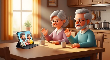 Grandparents joyfully waving to their family on a video call, a heartwarming scene of technology connecting loved ones and a happy family.