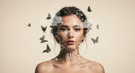 Woman with butterflies overlaying her face in soft artistic style  
