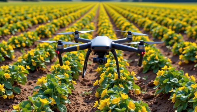 dual camera drone flying above potato field capturing both visual and infrared images to detect hidden signs of disease and optimize crop treatment protocols