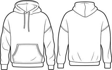 Blank hoodie vector template front and back view, isolated fashion design outline for apparel mockup, clothing branding or print design