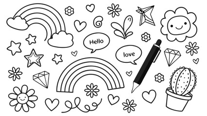 Cute Black and White Coloring Page with Various Designs.